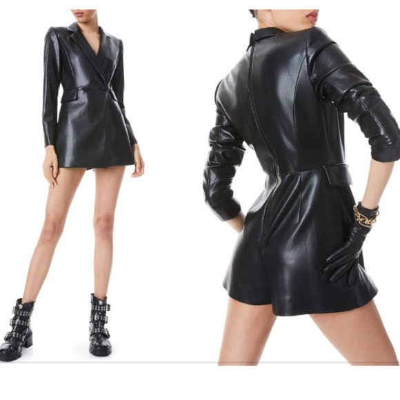 Alice + Olivia Pants - ALICE + OLIVIA Kyrie Long Sleeve Faux Leather Tuxedo Romper